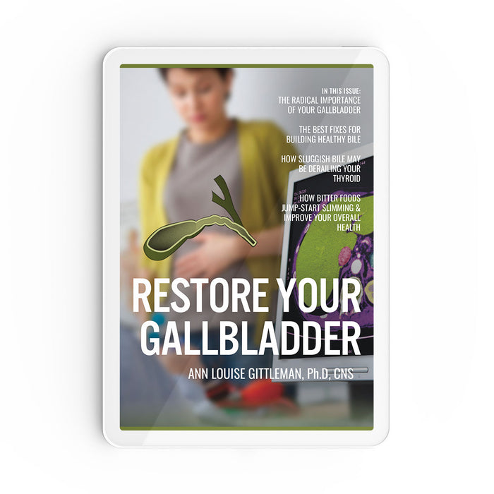 A woman holding her stomach on the front cover of Ann Louise Gittleman's Restore Your Gallbladder guide.