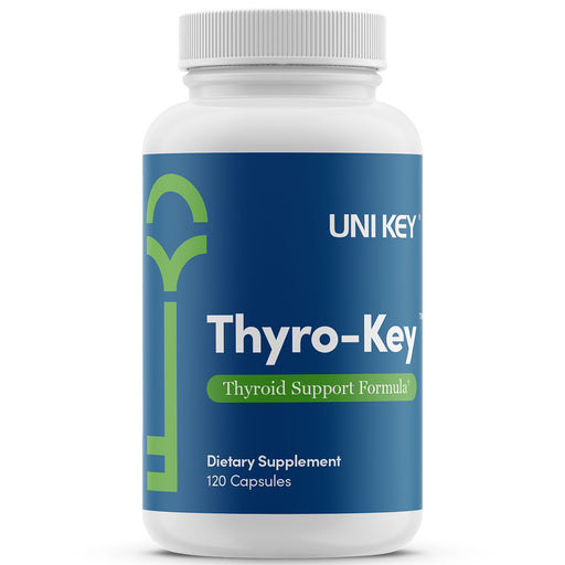 A bottle of Thyro-Key, Uni Key's thyroid support supplemet.