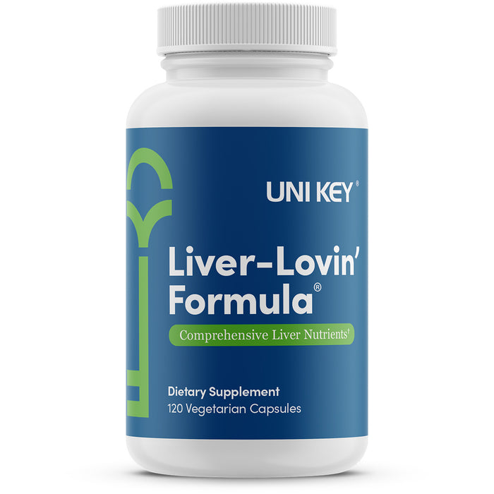 A bottle of Liver-Loving Formula, a dietary supplement that has a unique blend of artichoke, chlorophyll, and taurine.