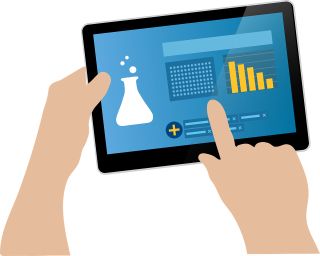 Illustration of tablet computer with test tube and graph