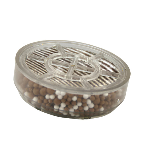 A replacement water filter for bathtubs that is filled with brown and white beads.