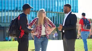 Maryville University President Mark Lombardi talks with students on campus