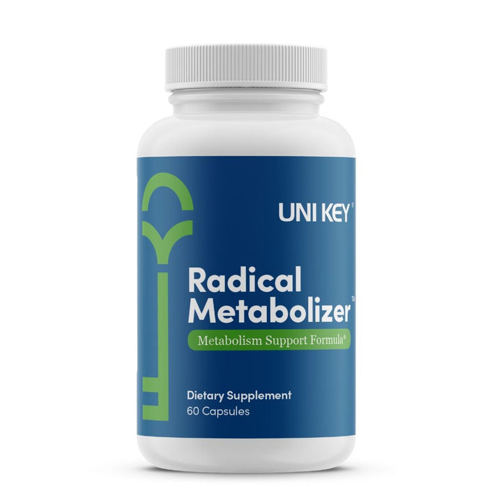 A bottle of UNI KEY Health's Radical Metabolizer, a metabolism support formula, that contains 60 capsules.