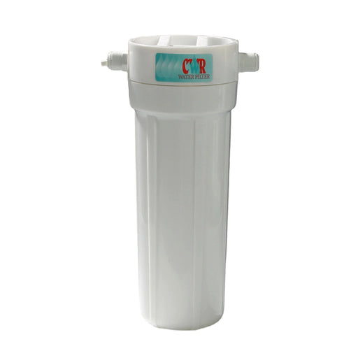 An under counter AIO ultra water filter with metalgon with a sticker labeled CWR water filter.