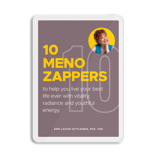 The front cover of Ann Louise Gittleman's 10 Meno Zappers, that has a yellow circle with a headshot of Gittleman smiling.