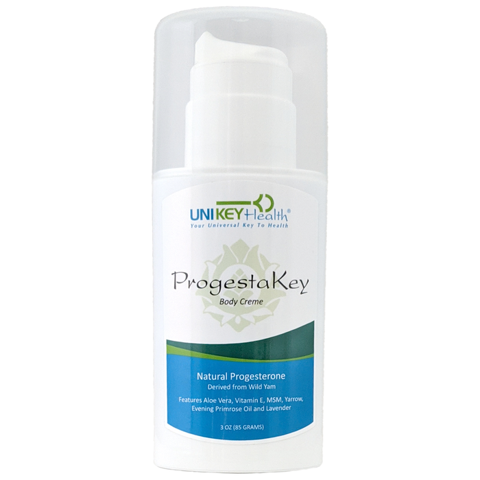 The front of a 3 oz. bottle of ProgestaKey, a natural progesterone body crème that is derived from wild yam.