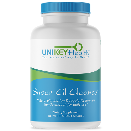 A bottle of Super-GI Cleanse, a natural elimination and regularity formula that is gentle enough for daily use.