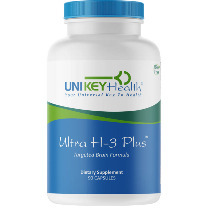 The front of a bottle of Ultra H-3 Plus, a targeted brain support formula dietary supplement containing 90 capsules.