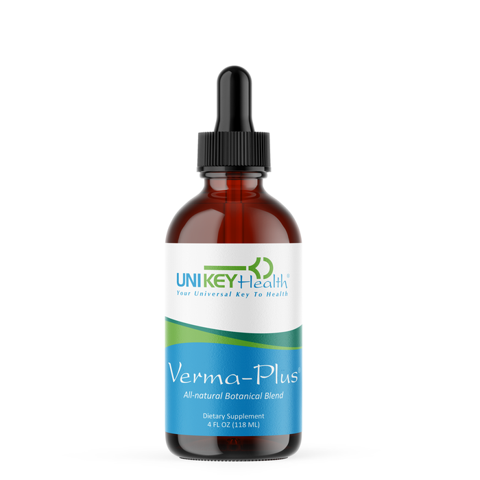 A 4 fl. oz. bottle of Verma-Plus an all-natural botanical blend and herbal parasite cleanse.